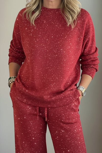 Amy | Shiny Casual Two-Piece Set for Women — Trousers and Top with Round Neck