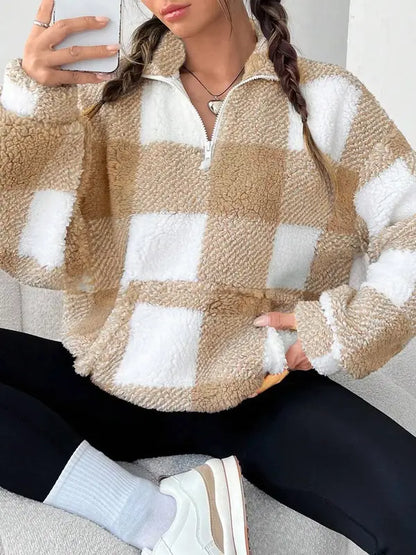 Malda | Chic Plaid Print Half Zip Long Sleeve Sweater