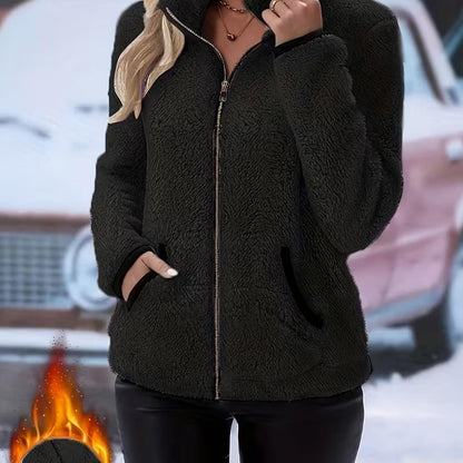 Dames Herfst Winter Fleece Jas met Rits, Opstaande Kraag Contrast Bies Zakken Zachte Teddy Pluche Korte Jas