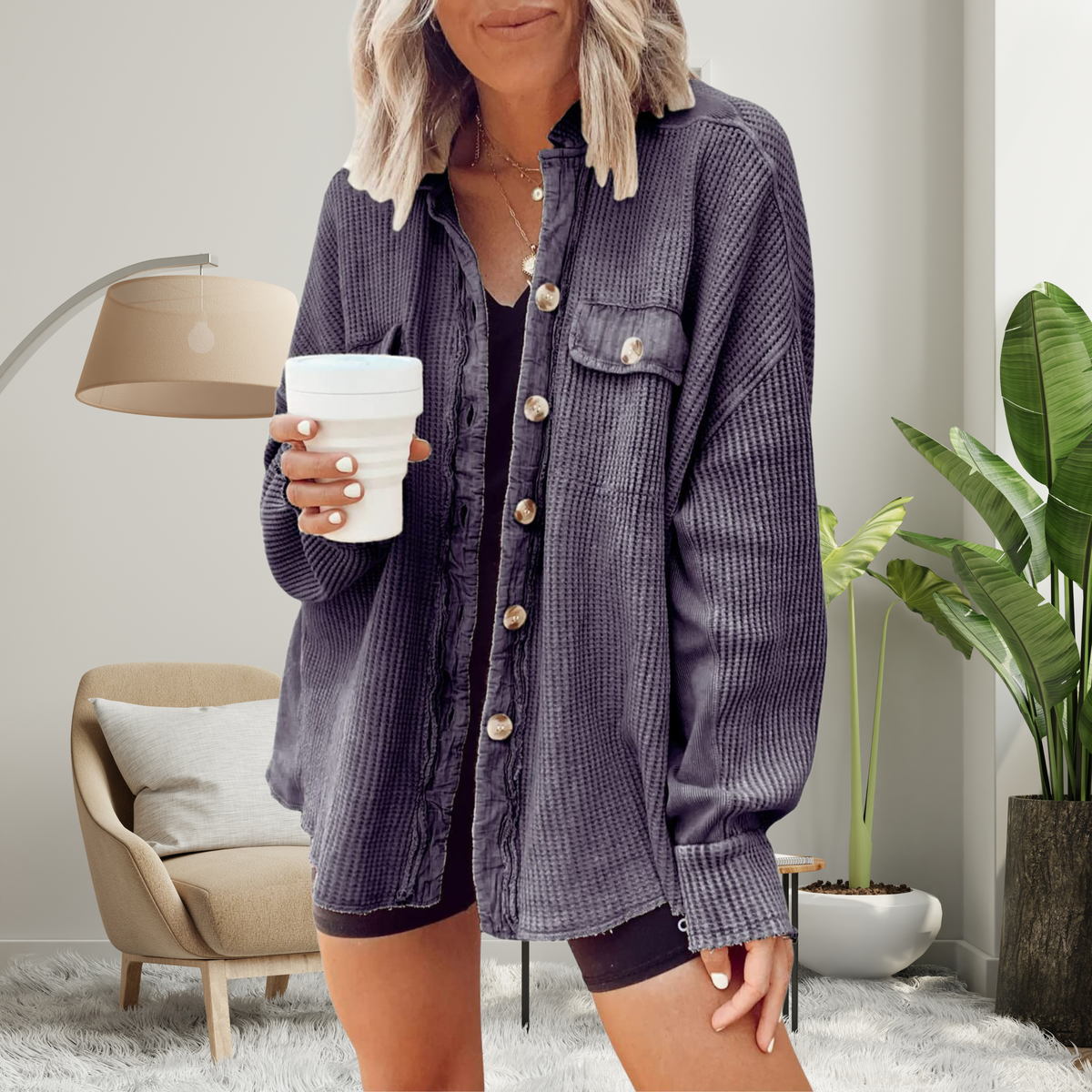 FAYE | Cozy Loose Fit Batwing Sleeve Button Down Jacket