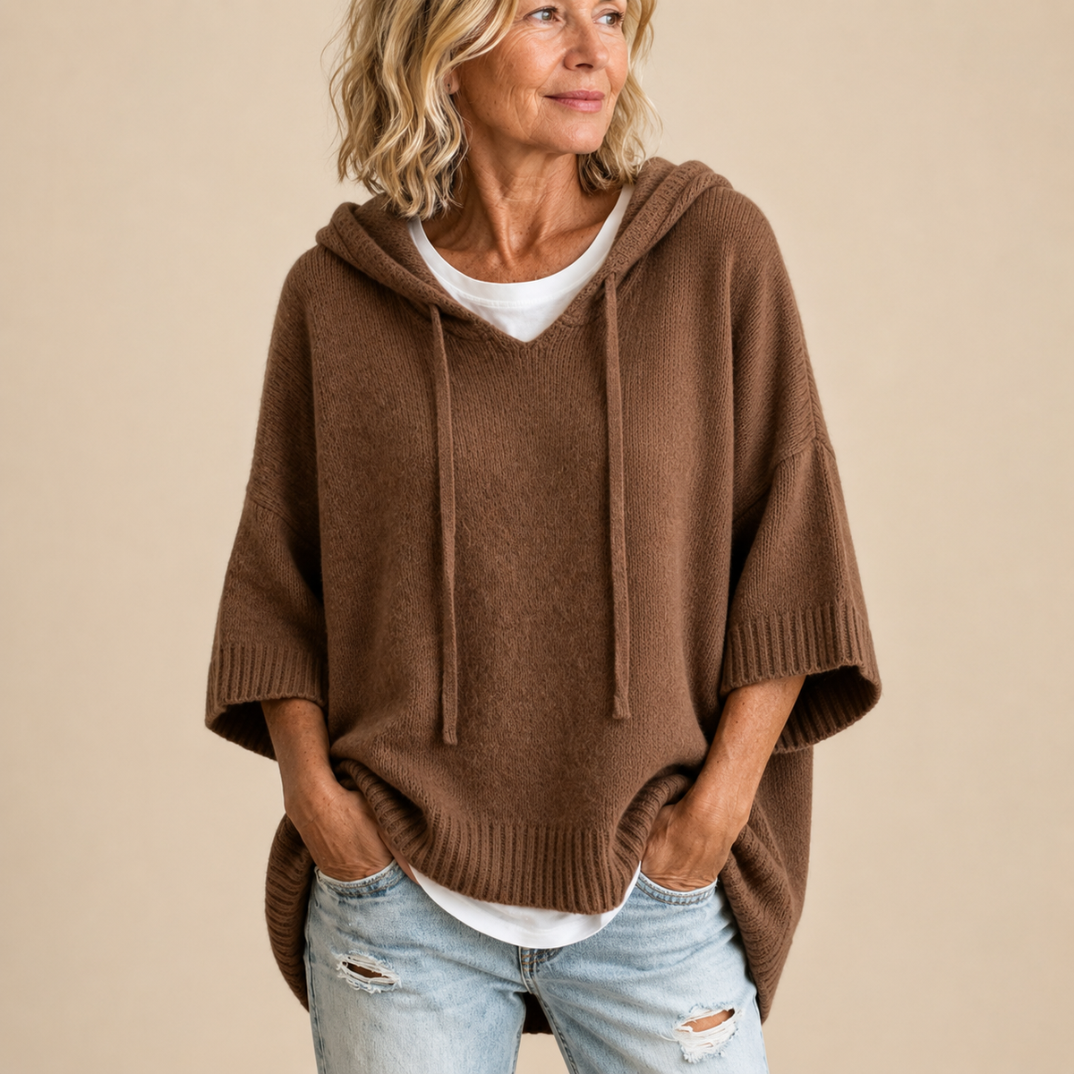 Oriana | Knitted Poncho with Hood and Three-Quarter Sleeves