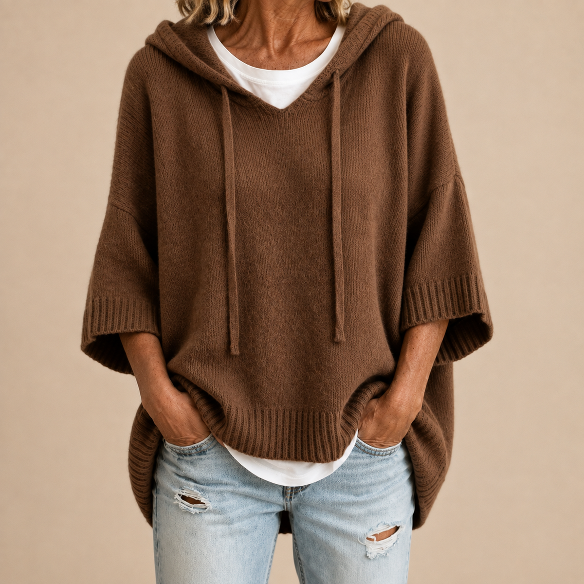 Oriana | Knitted Poncho with Hood and Three-Quarter Sleeves