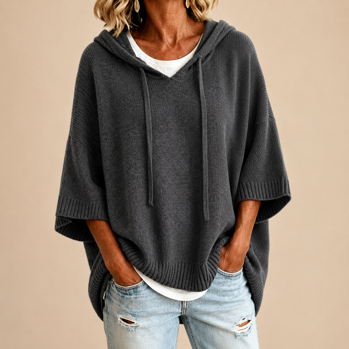 Oriana | Knitted Poncho with Hood and Three-Quarter Sleeves