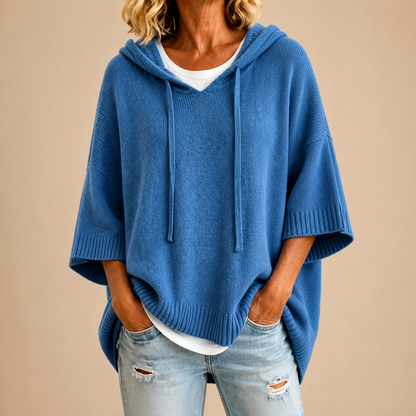 Oriana | Knitted Poncho with Hood and Three-Quarter Sleeves