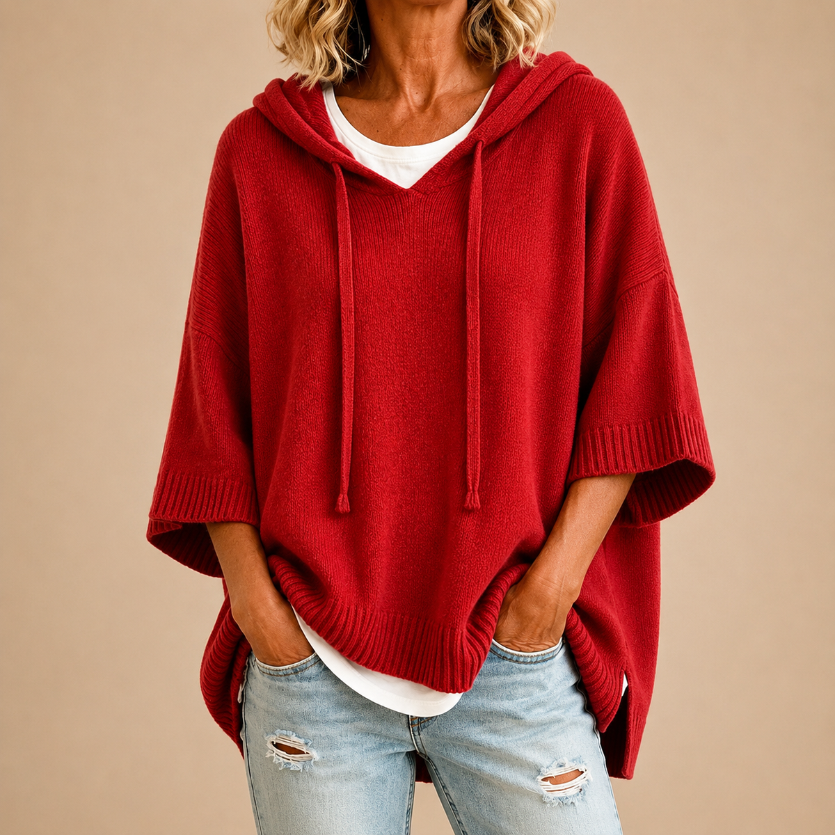 Oriana | Knitted Poncho with Hood and Three-Quarter Sleeves