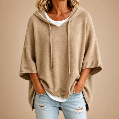 Oriana | Knitted Poncho with Hood and Three-Quarter Sleeves