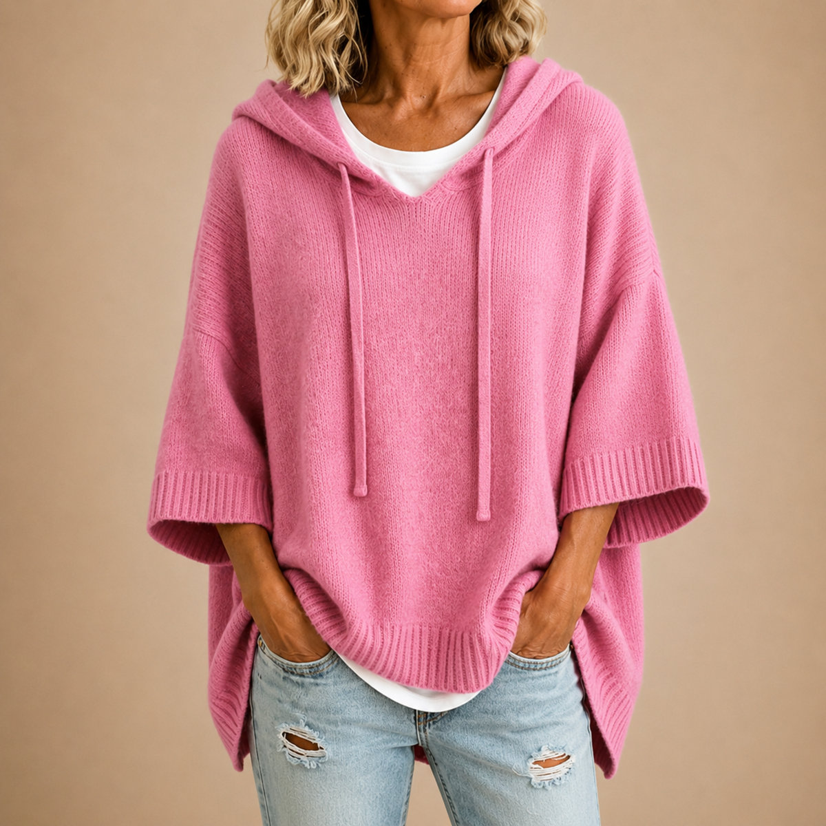 Oriana | Knitted Poncho with Hood and Three-Quarter Sleeves