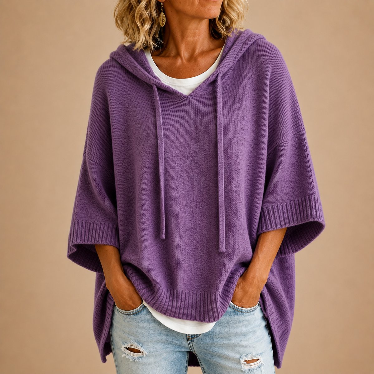 Oriana | Knitted Poncho with Hood and Three-Quarter Sleeves