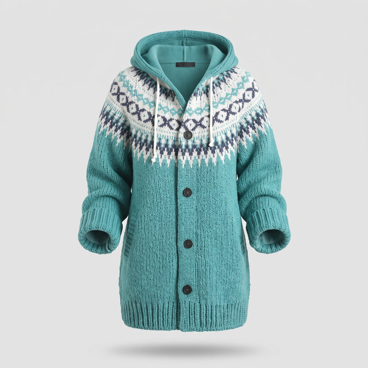 Women's Knitted Hooded Cardigan with Fair Isle Pattern