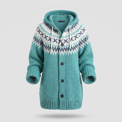 Women's Knitted Hooded Cardigan with Fair Isle Pattern