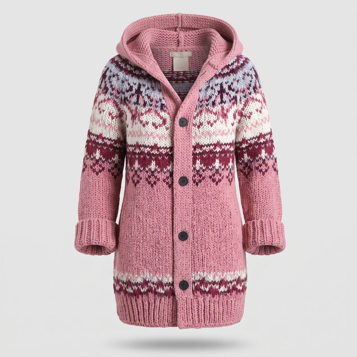 Women's Knitted Hooded Cardigan with Fair Isle Pattern
