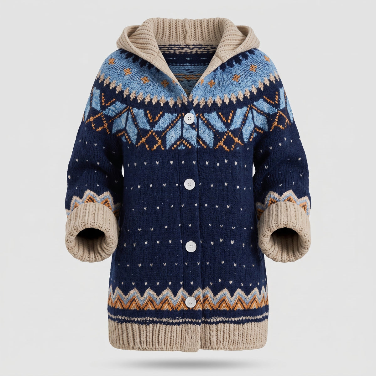 Women's Knitted Hooded Cardigan with Fair Isle Pattern
