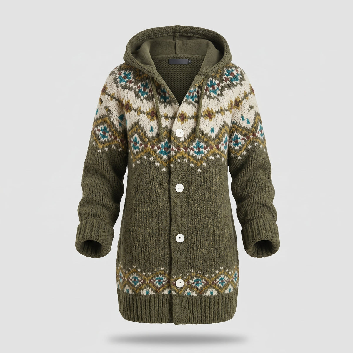 Women's Knitted Hooded Cardigan with Fair Isle Pattern