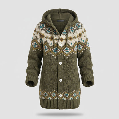 Women's Knitted Hooded Cardigan with Fair Isle Pattern