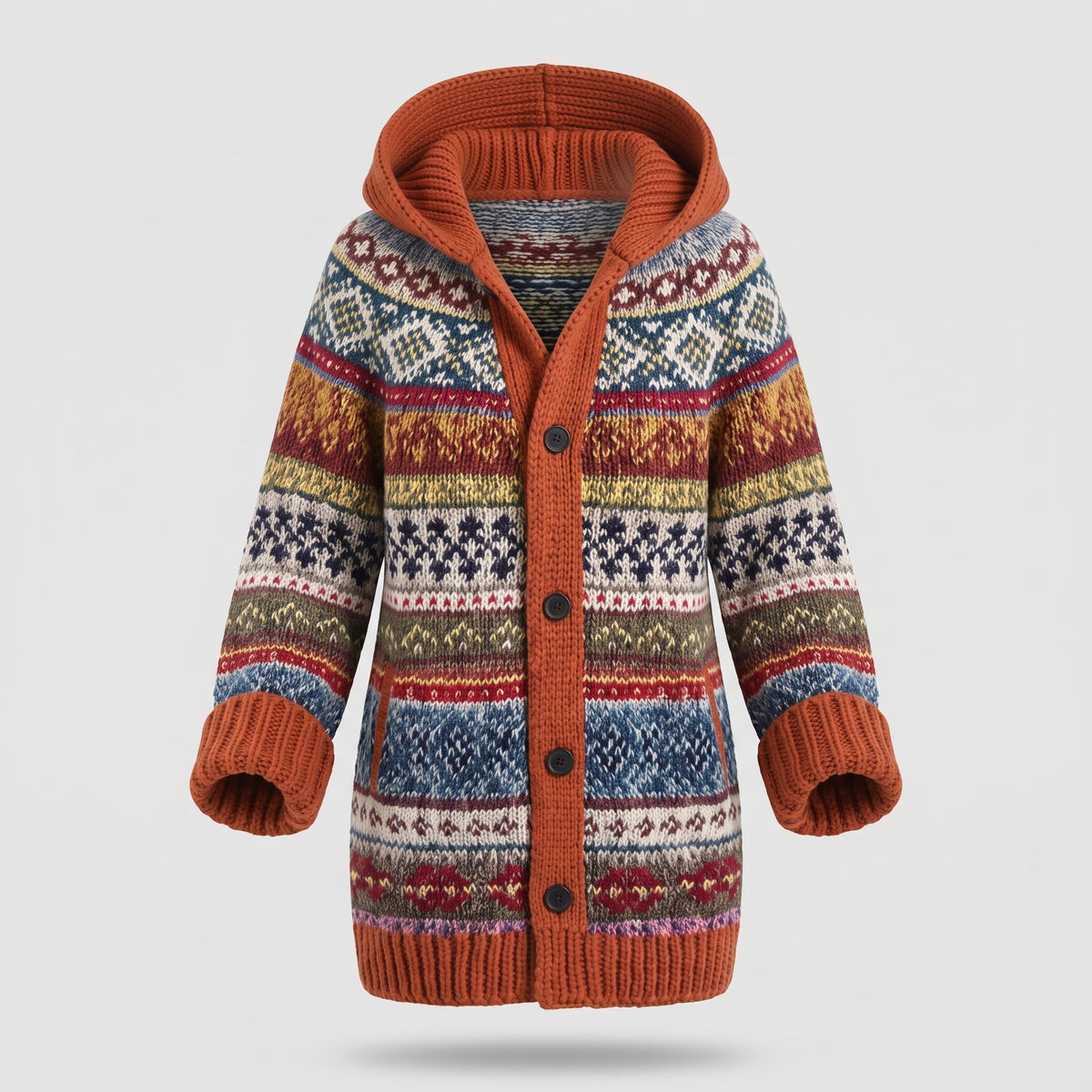 Women's Knitted Hooded Cardigan with Fair Isle Pattern