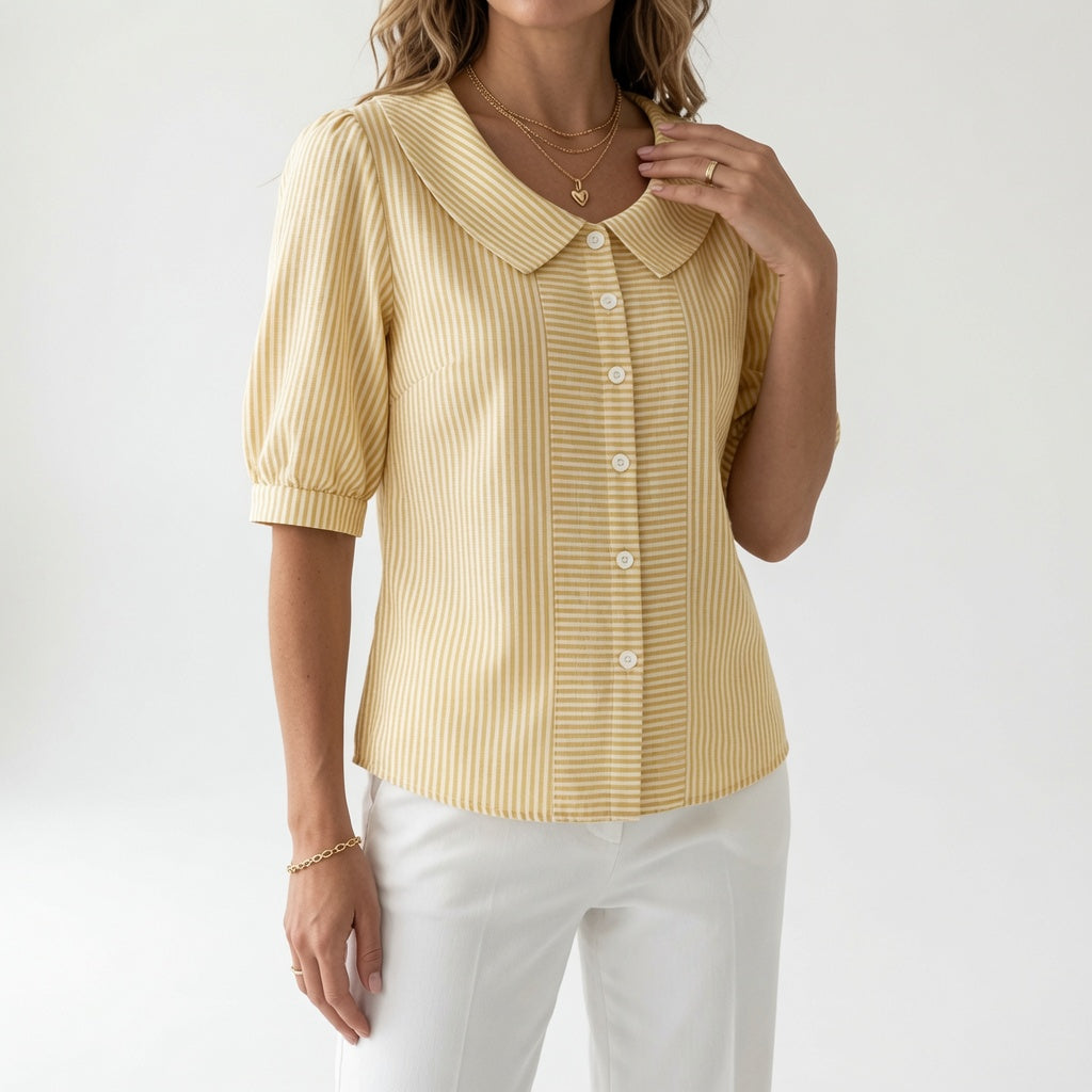 Zelie™ | Elegant Striped Puff Sleeve Blouse