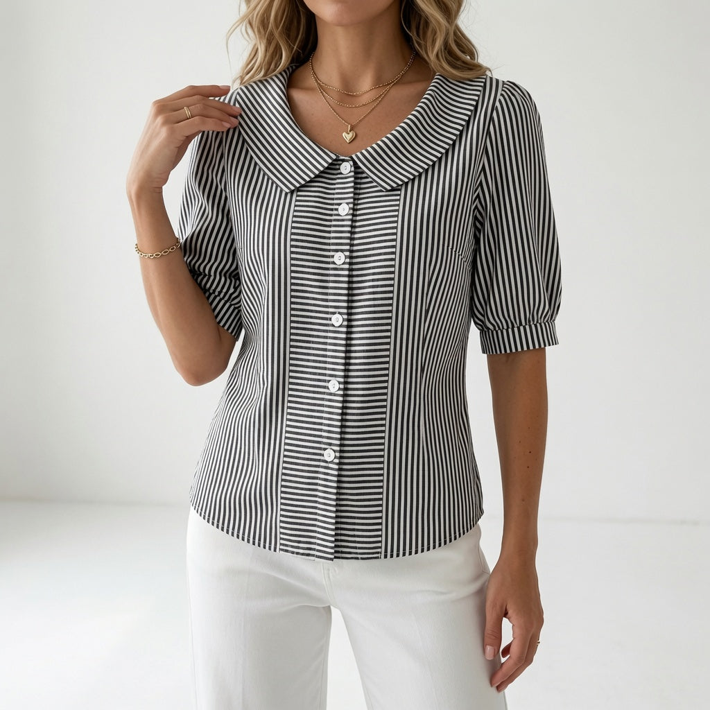 Zelie™ | Elegant Striped Puff Sleeve Blouse