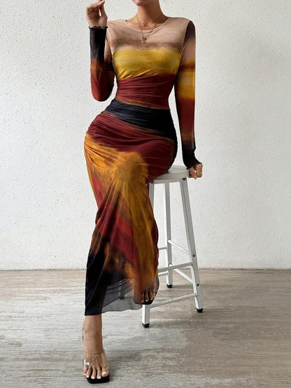 TORINA | Printed Long Sleeve Round Neck Bodycon Maxi Dress
