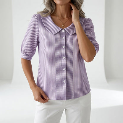 Zelie™ | Elegant Striped Puff Sleeve Blouse