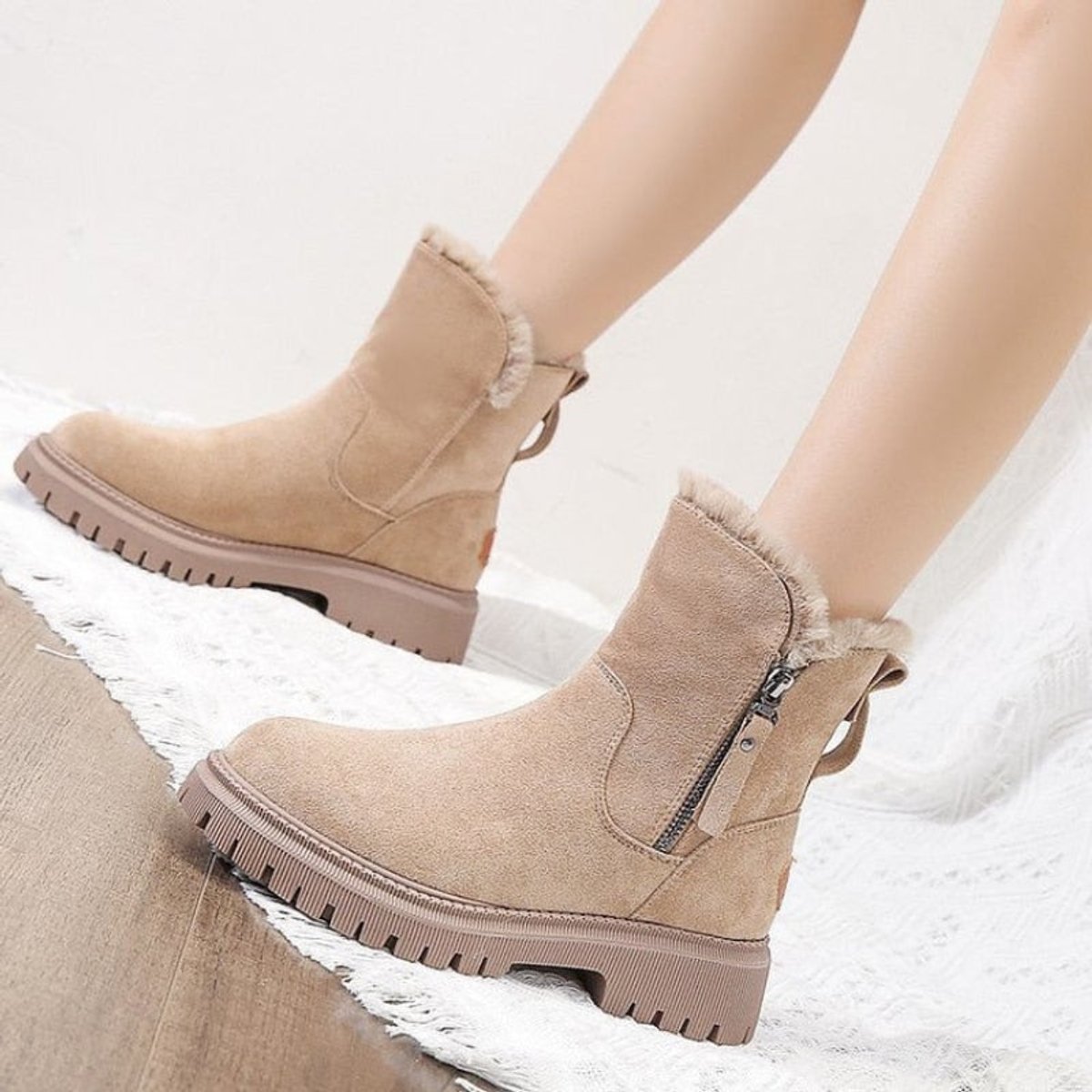 Warm Suede Ankle Boots with Fleece Lining and Side Zip