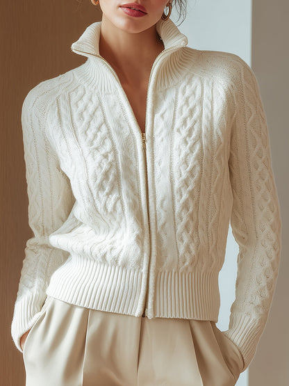 Zip-Up Cardigan with Stand Collar and Ribbed Cuffs