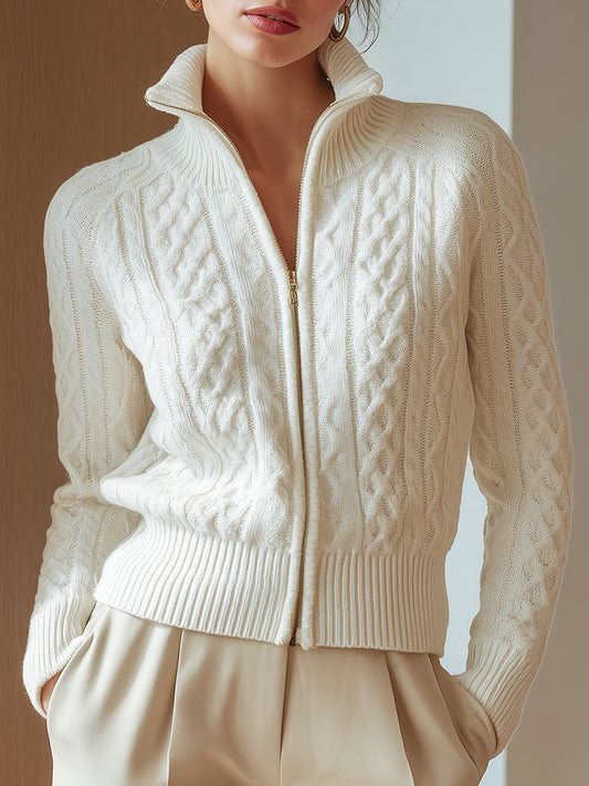 Zip-Up Cardigan with Stand Collar and Ribbed Cuffs