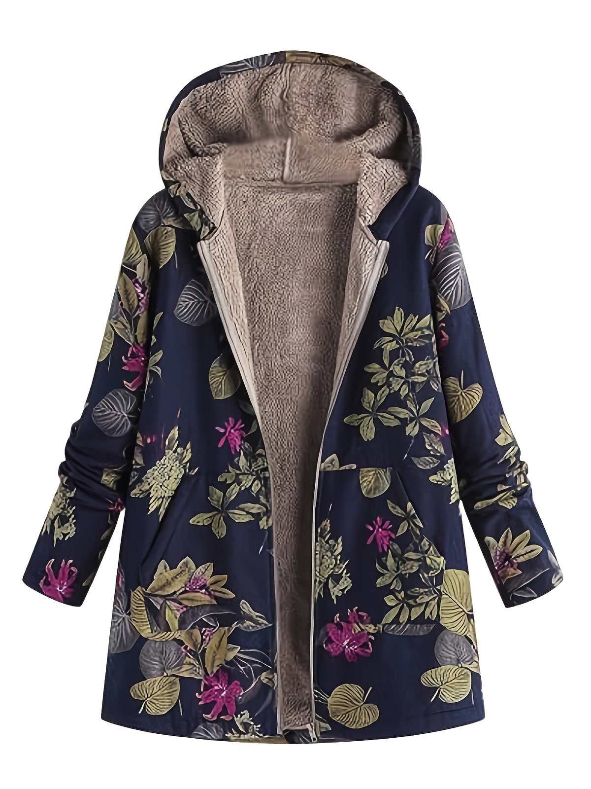 Dames etnische bloemenprint capuchonjas - gevoerd, met rits, losvallend en warm - voor herfst en winter
