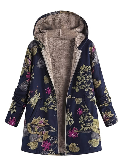 Dames etnische bloemenprint capuchonjas - gevoerd, met rits, losvallend en warm - voor herfst en winter