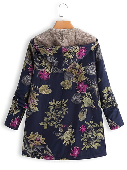 Dames etnische bloemenprint capuchonjas - gevoerd, met rits, losvallend en warm - voor herfst en winter