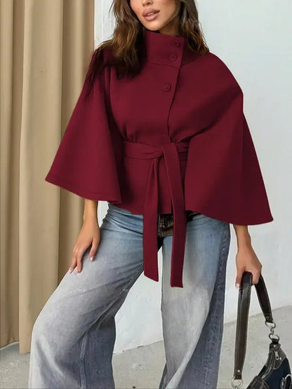 THELMA | Women’s Front Buckle Belted Wool Cape Coat