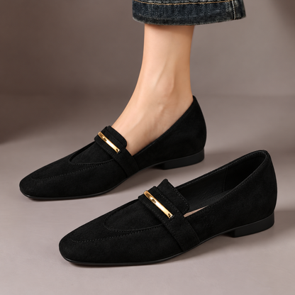 Agnes™ | Pointed Suede-Look Loafers — one worn shoe and one matching shoe in a taupe studio