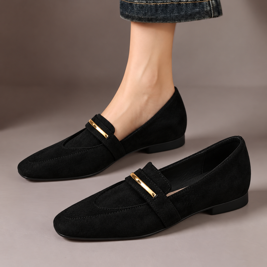 Agnes™ | Pointed Suede-Look Loafers — one worn shoe and one matching shoe in a taupe studio