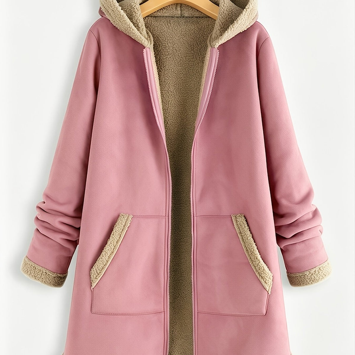 Dikke capuchonjas met midilengte voor dames, herfst en winter, contrast fuzzy afwerking met rits, losse warme buitenkleding met zakken, veelzijdig casual bovenstuk