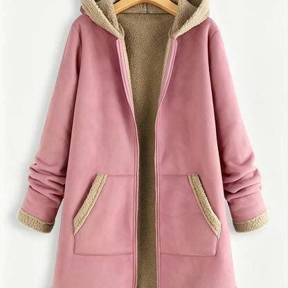 Dikke capuchonjas met midilengte voor dames, herfst en winter, contrast fuzzy afwerking met rits, losse warme buitenkleding met zakken, veelzijdig casual bovenstuk