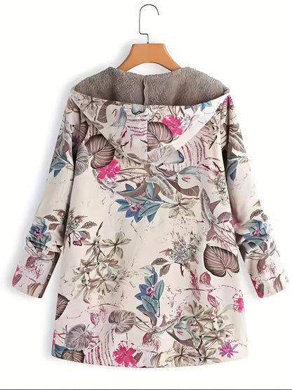 Vintage damesjas met capuchon, rits, verdikt, warme print en zakken