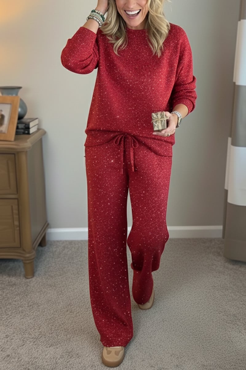 Amy | Shiny Casual Two-Piece Set for Women — Trousers and Top with Round Neck