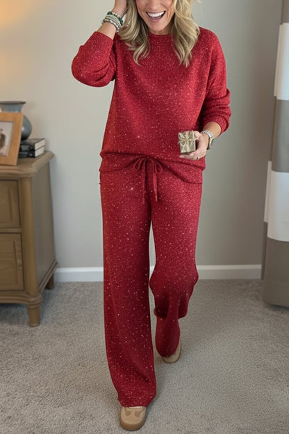 Amy | Shiny Casual Two-Piece Set for Women — Trousers and Top with Round Neck