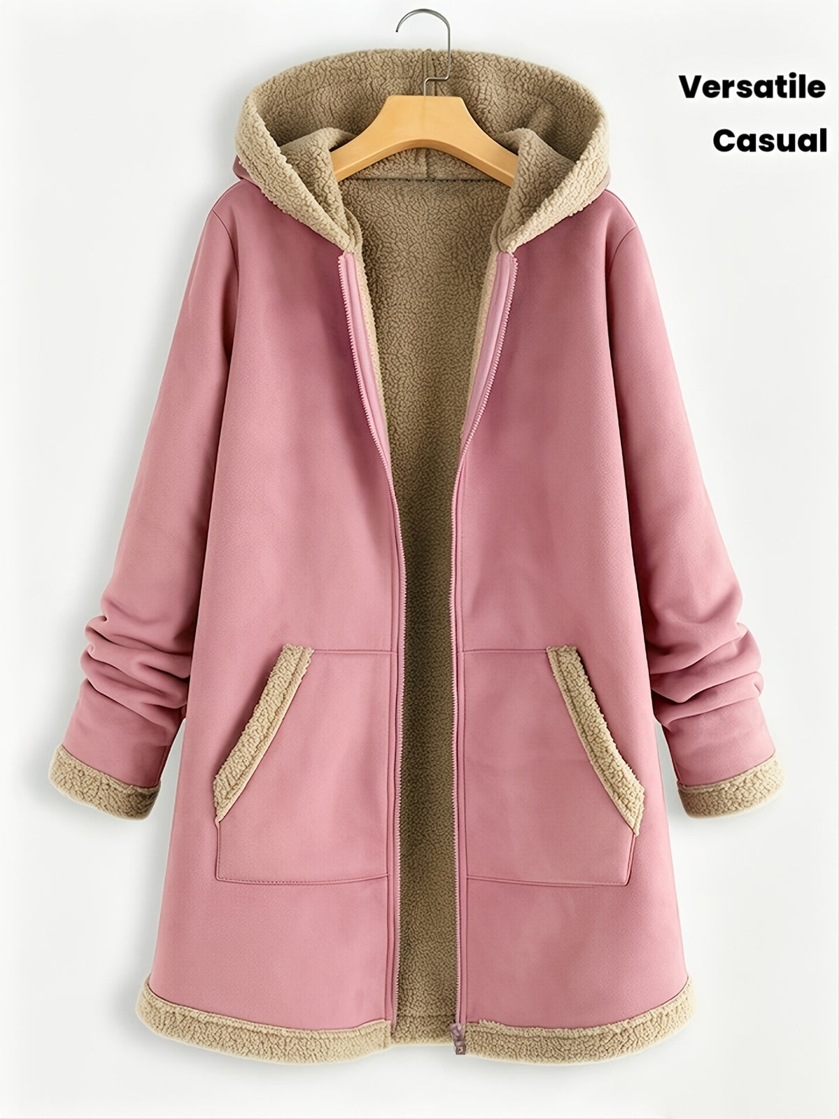 Dikke capuchonjas met midilengte voor dames, herfst en winter, contrast fuzzy afwerking met rits, losse warme buitenkleding met zakken, veelzijdig casual bovenstuk