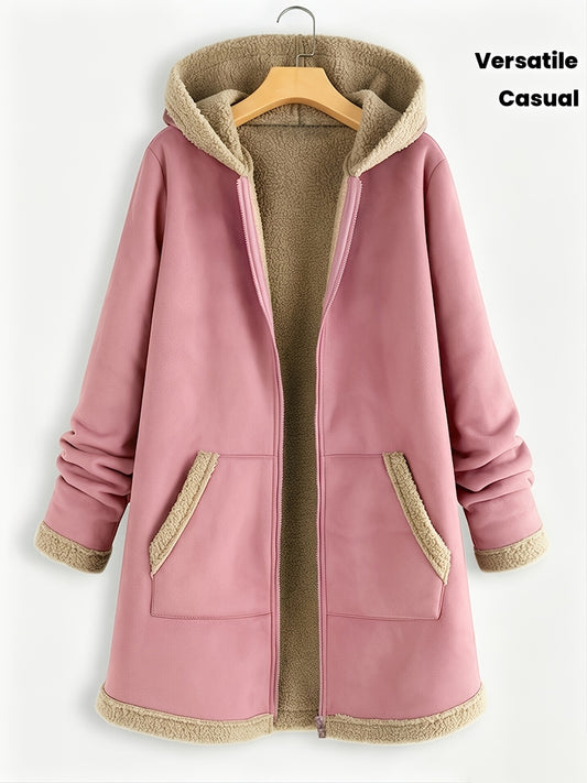 Dikke capuchonjas met midilengte voor dames, herfst en winter, contrast fuzzy afwerking met rits, losse warme buitenkleding met zakken, veelzijdig casual bovenstuk