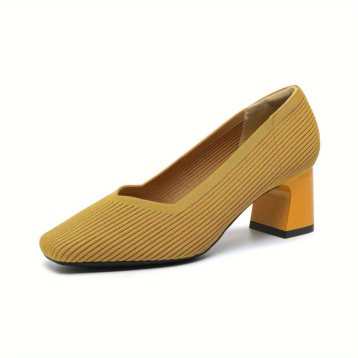 Mariella ribbed-knit court shoe with square heel, yellow, three-quarter studio view on white