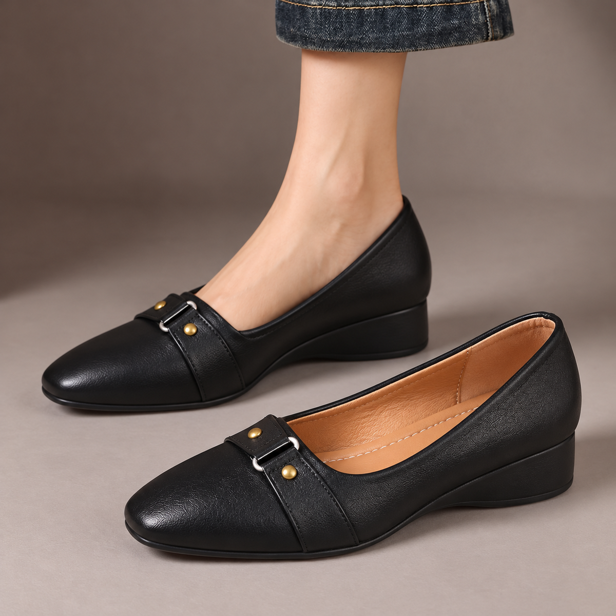 Cordelia™ | Buckle Detail Wedge Loafers — one worn shoe and one matching shoe in a taupe studio