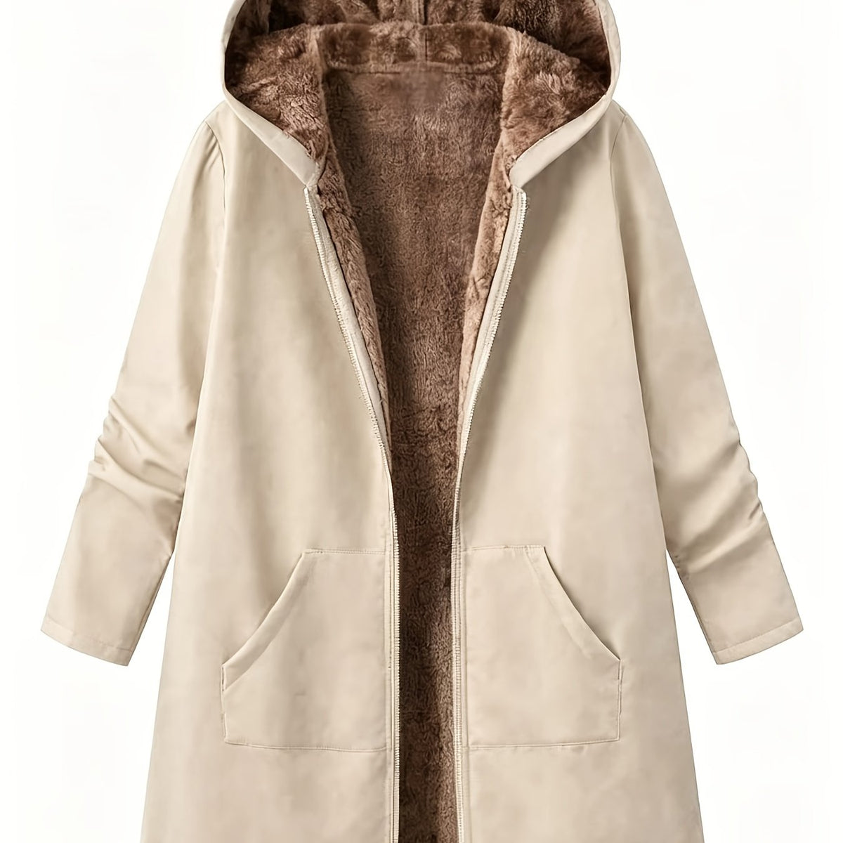 Winterjas in Europese & Amerikaanse stijl met capuchon en voering, rits, dubbele zakken, effen kleur, halflang, warme bovenkleding
