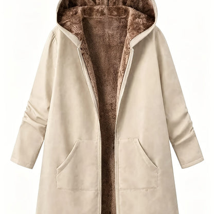 Winterjas in Europese & Amerikaanse stijl met capuchon en voering, rits, dubbele zakken, effen kleur, halflang, warme bovenkleding