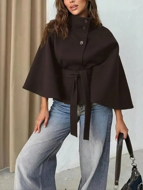 THELMA | Women’s Front Buckle Belted Wool Cape Coat