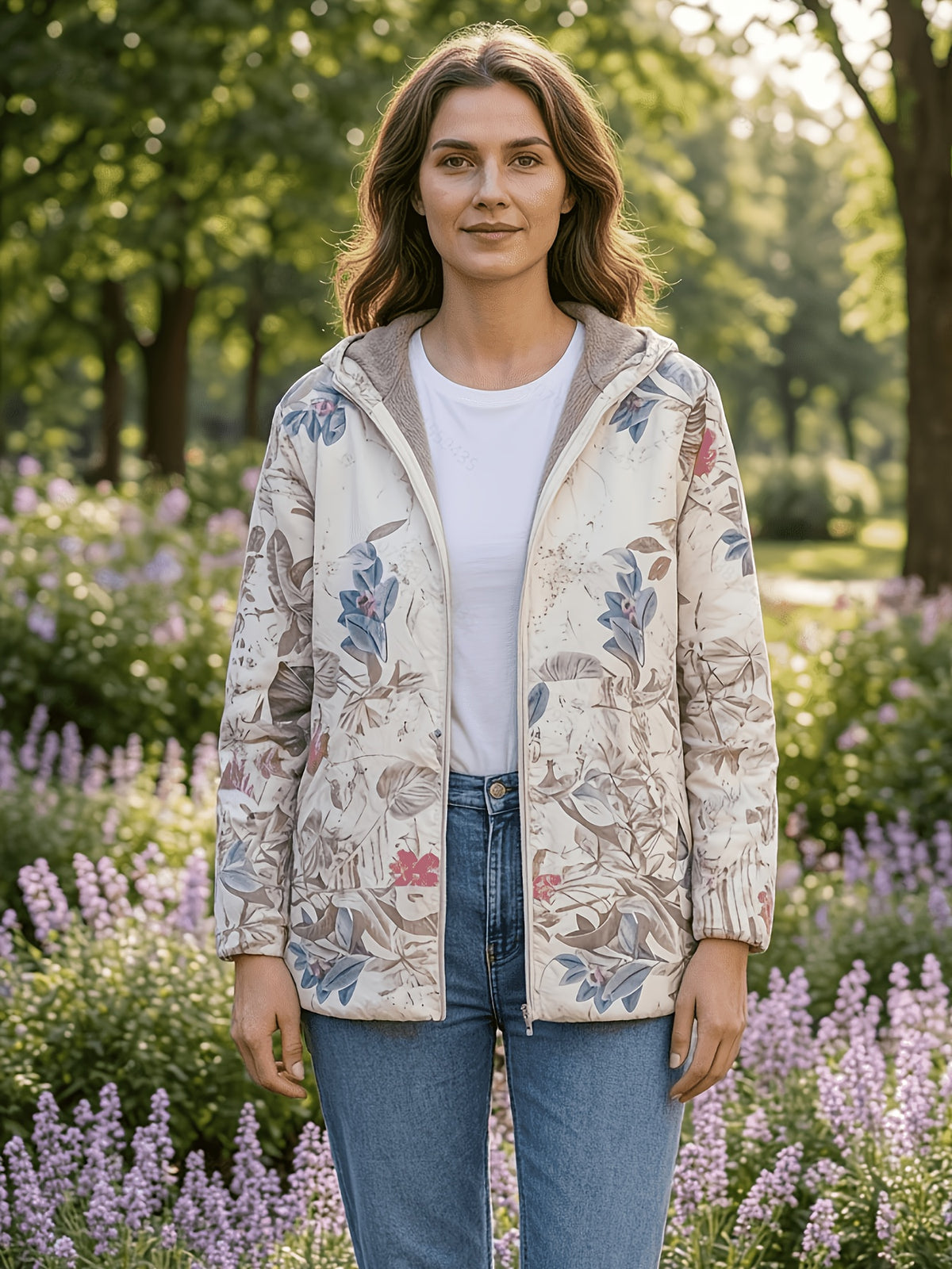 Vintage damesjas met capuchon, rits, verdikt, warme print en zakken
