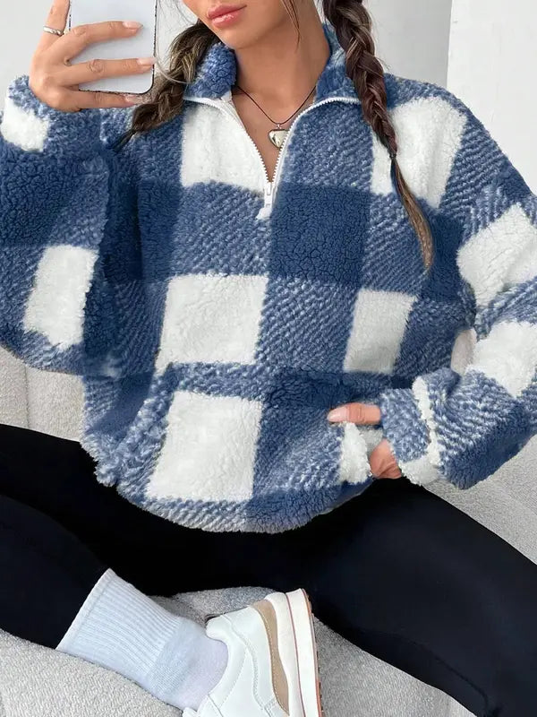 Malda | Chic Plaid Print Half Zip Long Sleeve Sweater