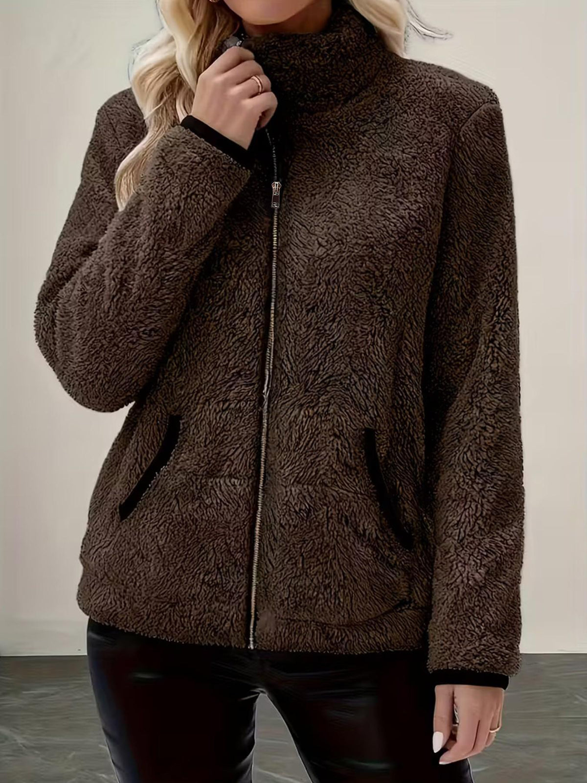 Dames Herfst Winter Fleece Jas met Rits, Opstaande Kraag Contrast Bies Zakken Zachte Teddy Pluche Korte Jas
