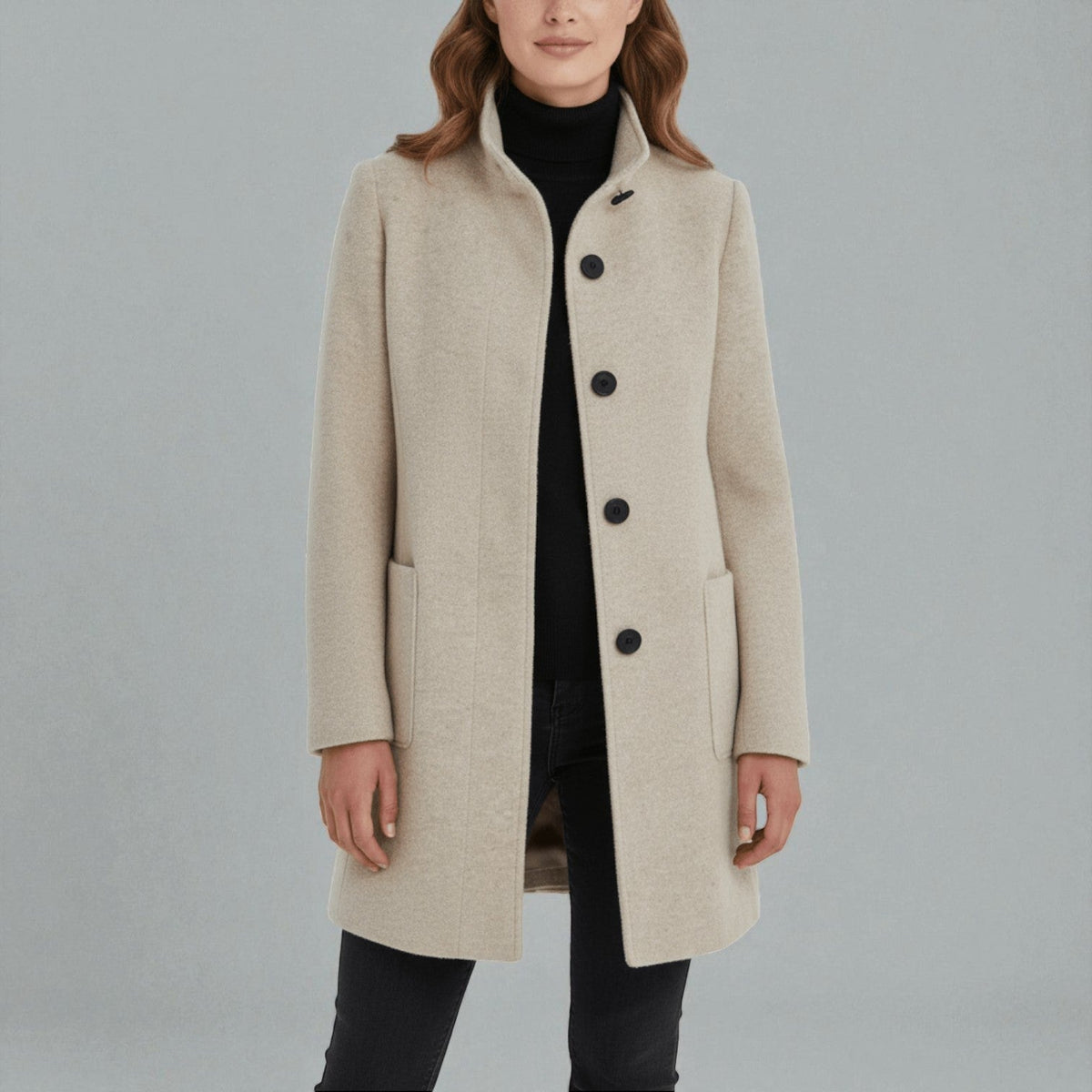Elara – Women's Coat with Stand-Up Collar and Pockets