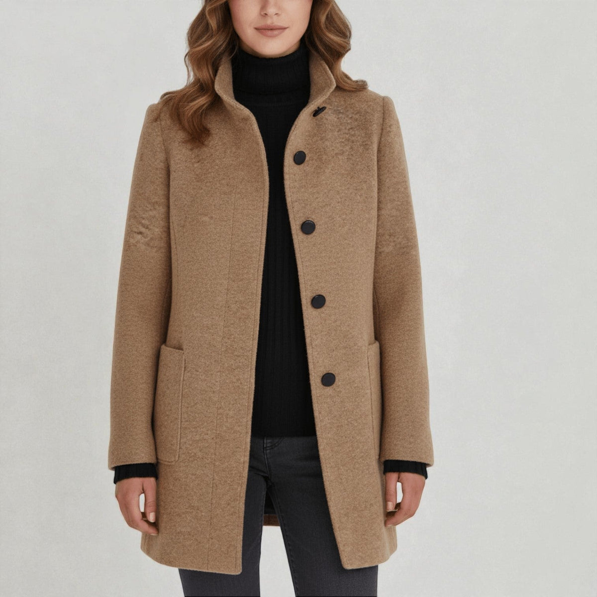 Elara – Women's Coat with Stand-Up Collar and Pockets