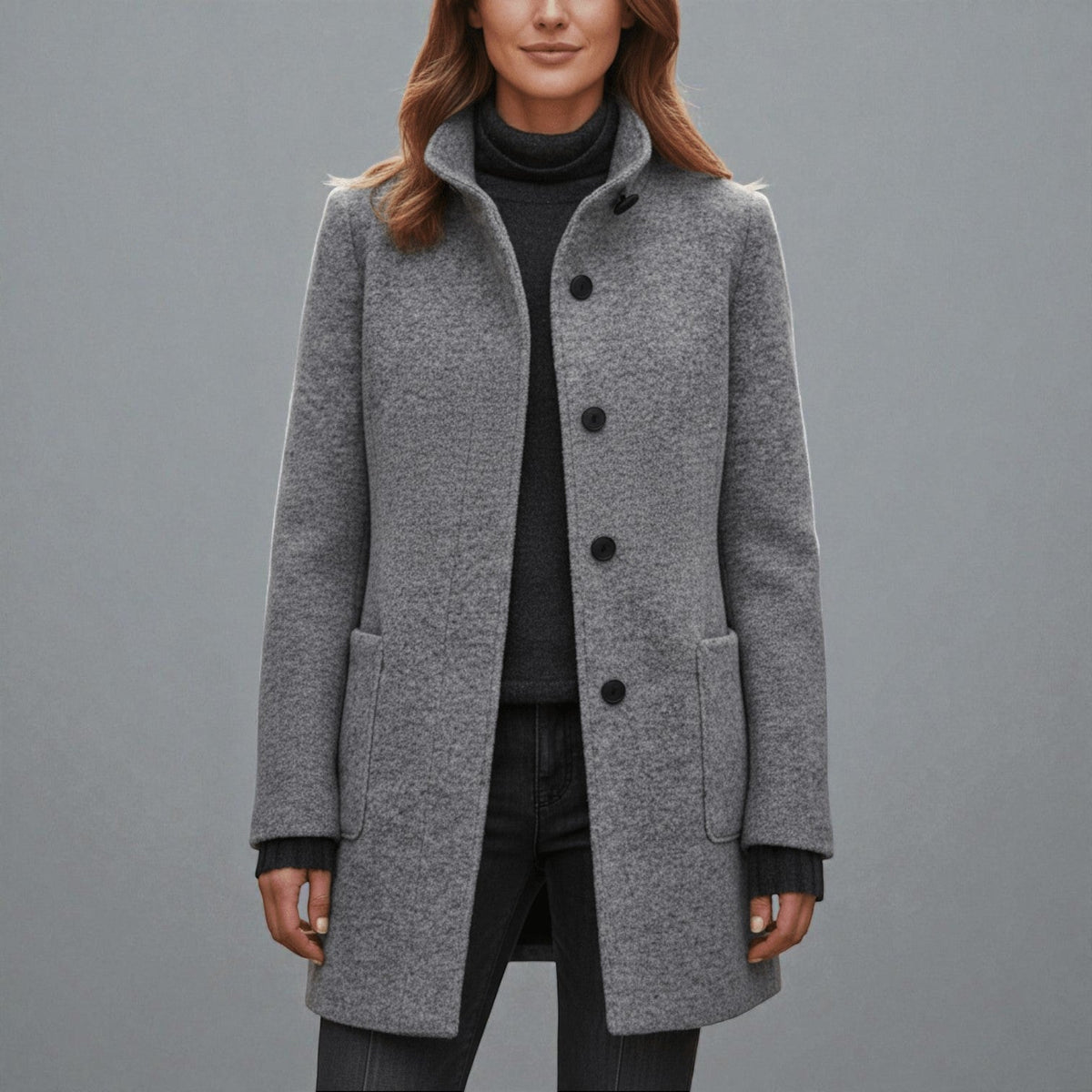 Elara – Women's Coat with Stand-Up Collar and Pockets